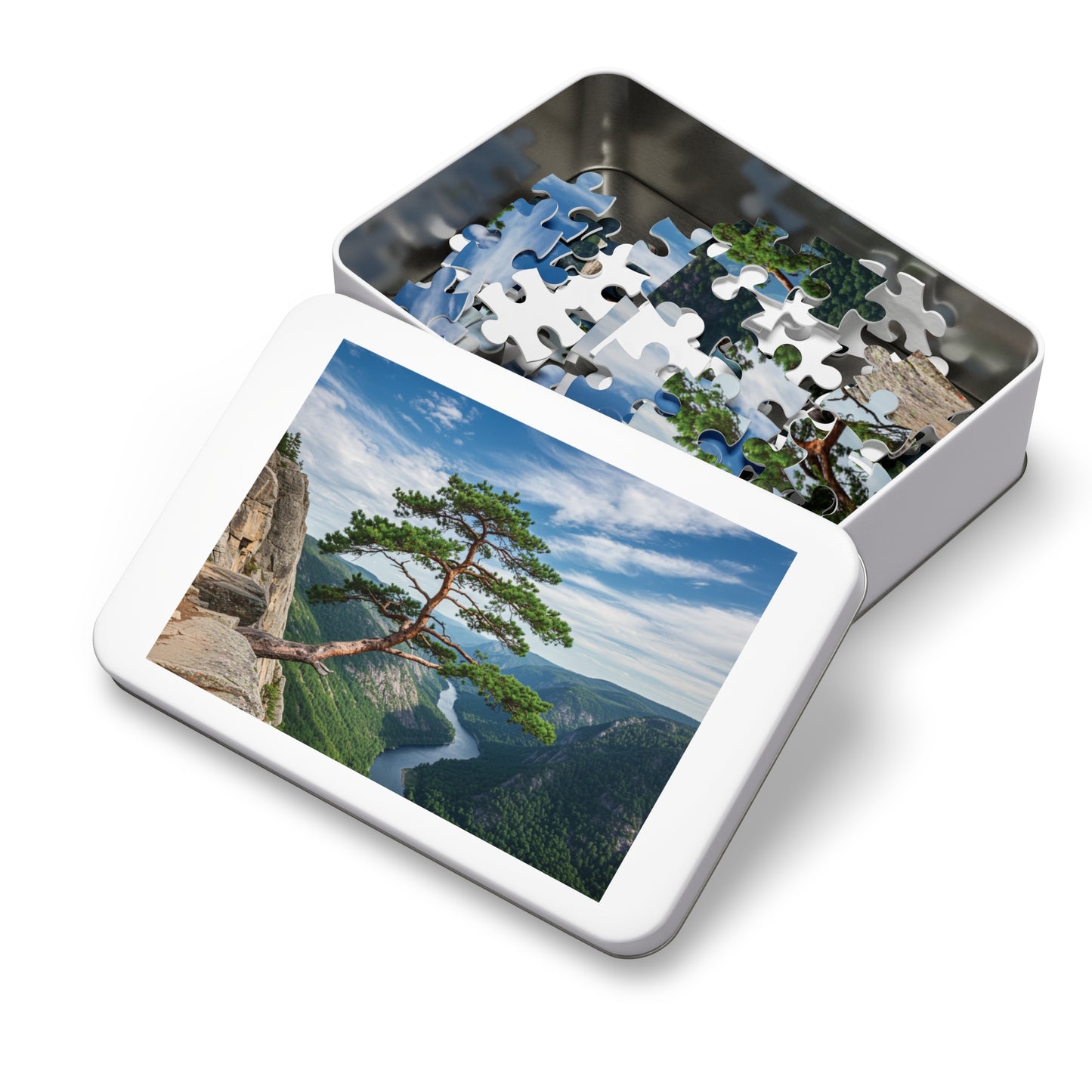 Cliffside Tree Jigsaw Puzzle (110, 252, 500, 1000, 2000 pcs) – Peaceful Nature, Mountain & River Design, Serene Forest Scene