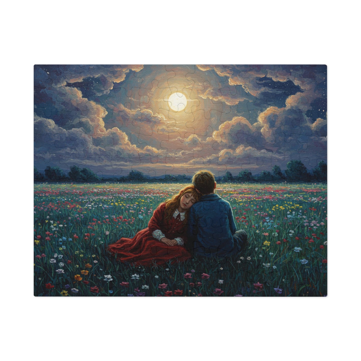 110, 252, 500, 1000, 2000 Romantic Moonlight Jigsaw Puzzle, Starry Night Romance Puzzle, Couple Under Moonlight in Meadow, Lovers Resting in Flower Field