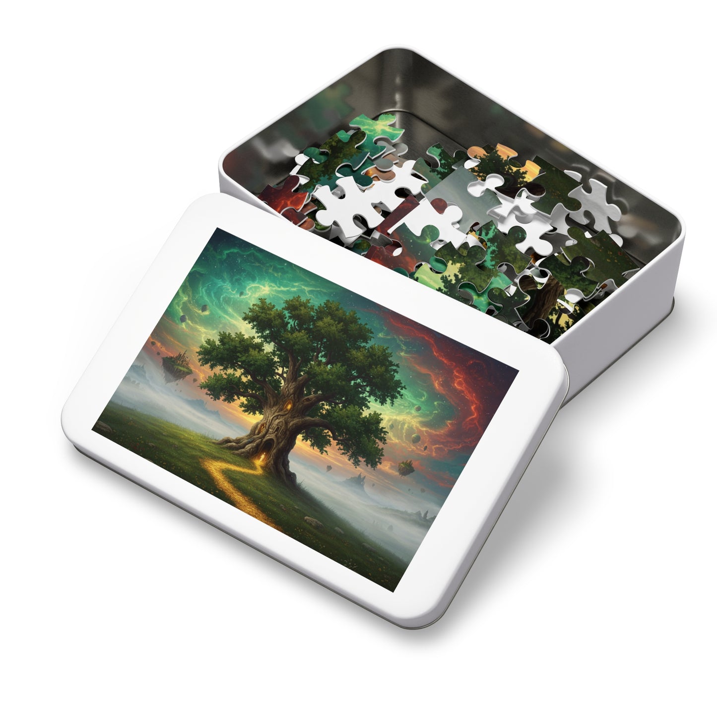 110, 252, 500, 1000, 2000 Magical Tree Jigsaw Puzzle, Mystical Tree with Glowing Doorway, Cosmic Sky and Enchanted Forest Scene, Mystical Gateway Puzzle