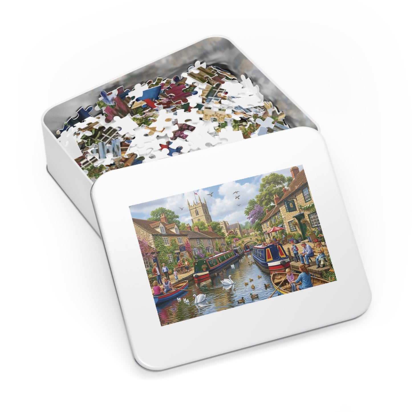 Canal Village Jigsaw Puzzle with Boats Swans and Cottages