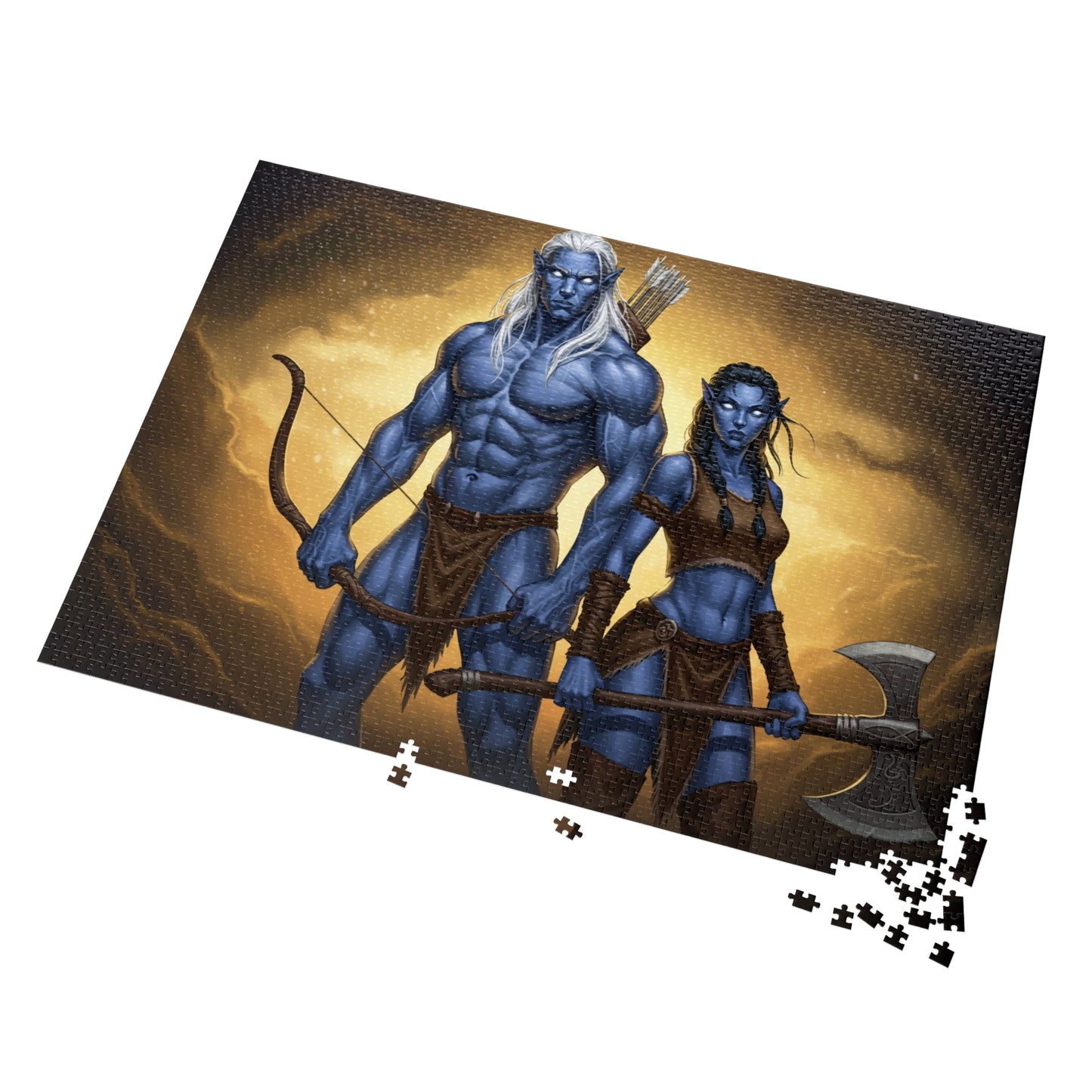 110, 252, 500, 1000, 2000 Blue-Skinned Heroes with Weapons Jigsaw Puzzle, Mythical Battle Duo Puzzle, Legendary Warriors Jigsaw, Heroic Fantasy Fighters Jigsaw