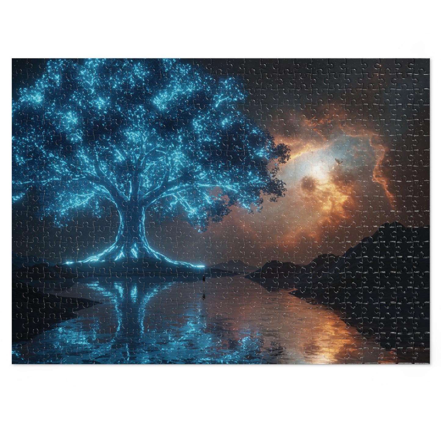 110, 252, 500, 1000, 2000 | Mystical Tree Jigsaw Puzzle with Tin, Enchanting Atmosphere, Celestial Tree of Light Puzzle – Cosmic Fantasy Glow Art