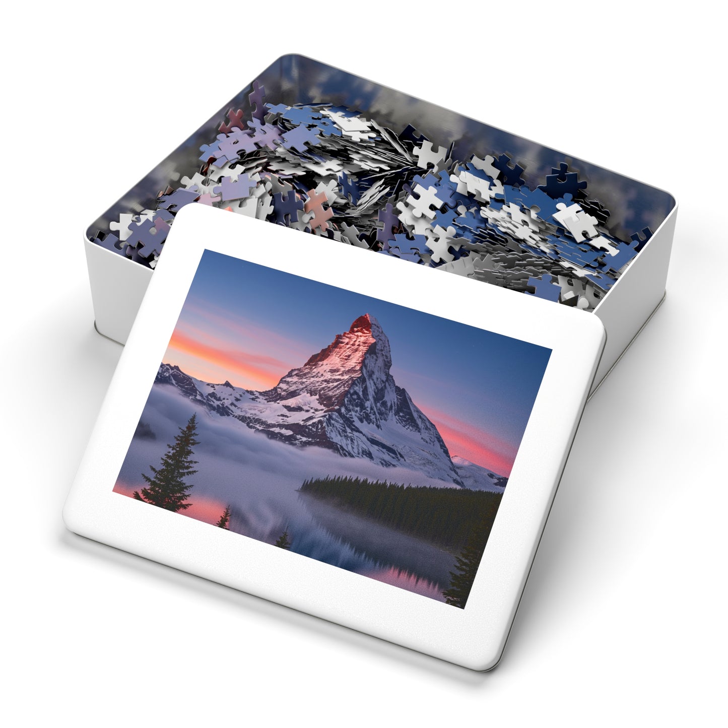 110, 252, 500, 1000, 2000, Snowy Mountain Peak Jigsaw Puzzle –  Alpine Majesty & Mirror Lake Sunset Scene, Scenic Nature Puzzle in Gift Tin (252–2000 Pieces)