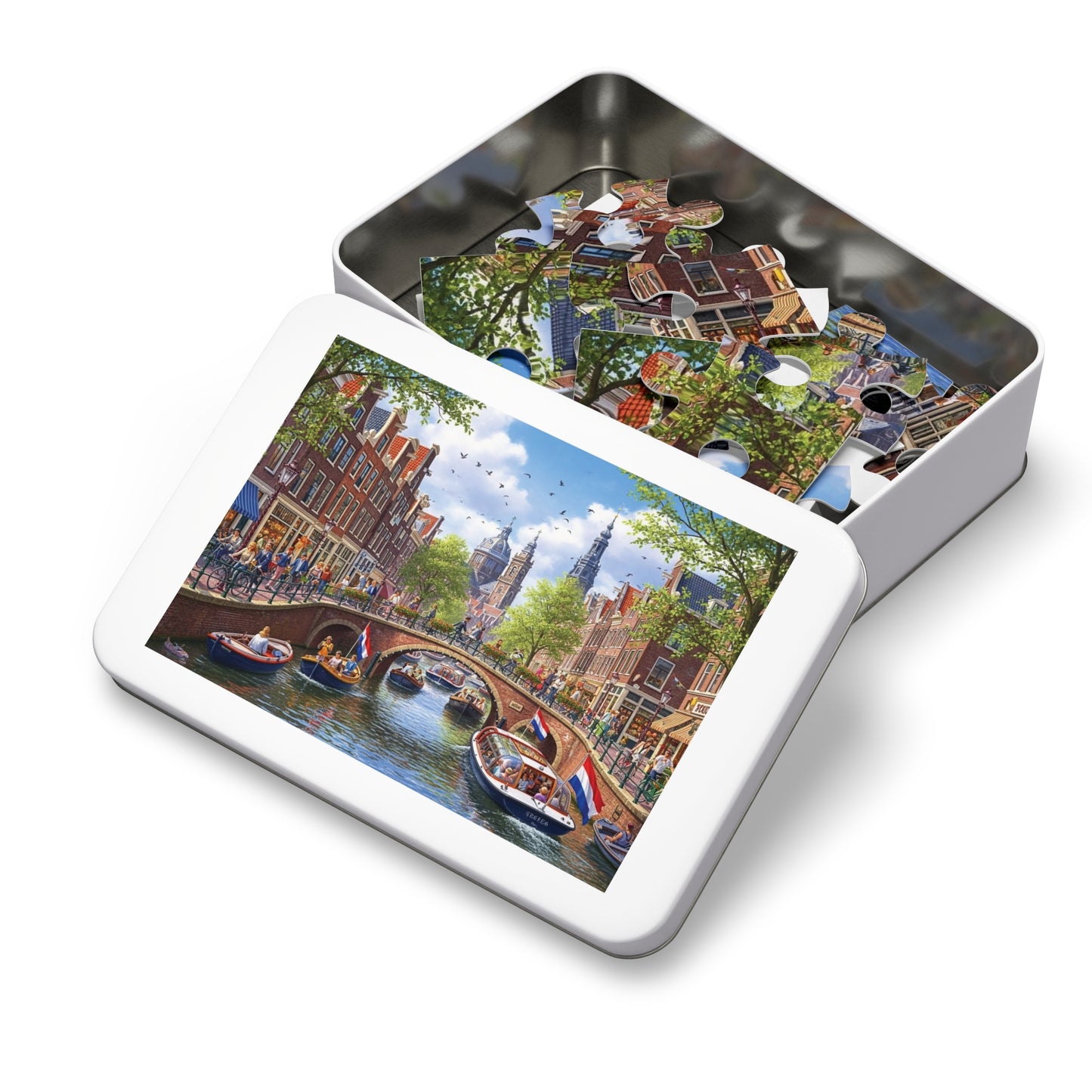 European Canal City Jigsaw Puzzle Scenic Bridge and Boat Scene