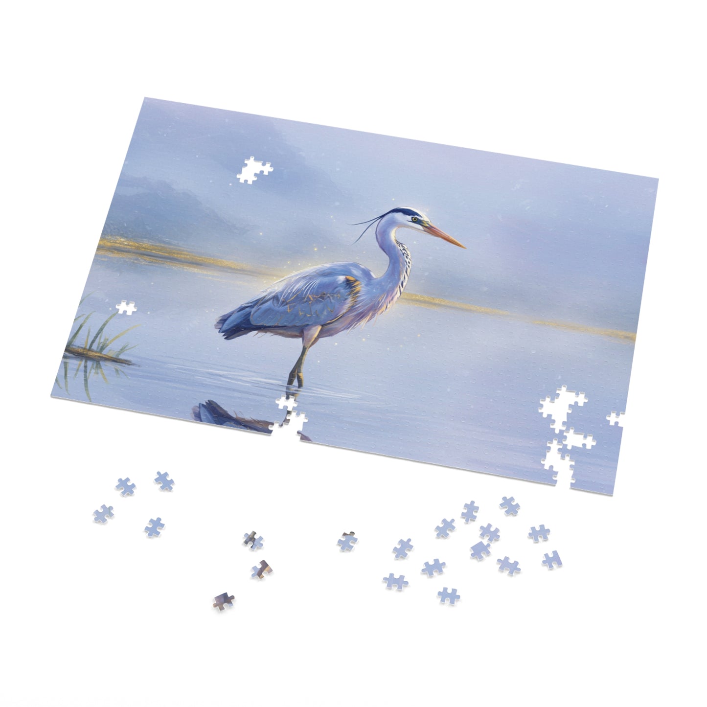 110, 252, 500, 1000, 2000 pc Heron Lake Jigsaw Puzzle, Elegant Bird Standing in Tranquil Waters, Peaceful Nature Puzzle, Tranquil Bird Puzzle