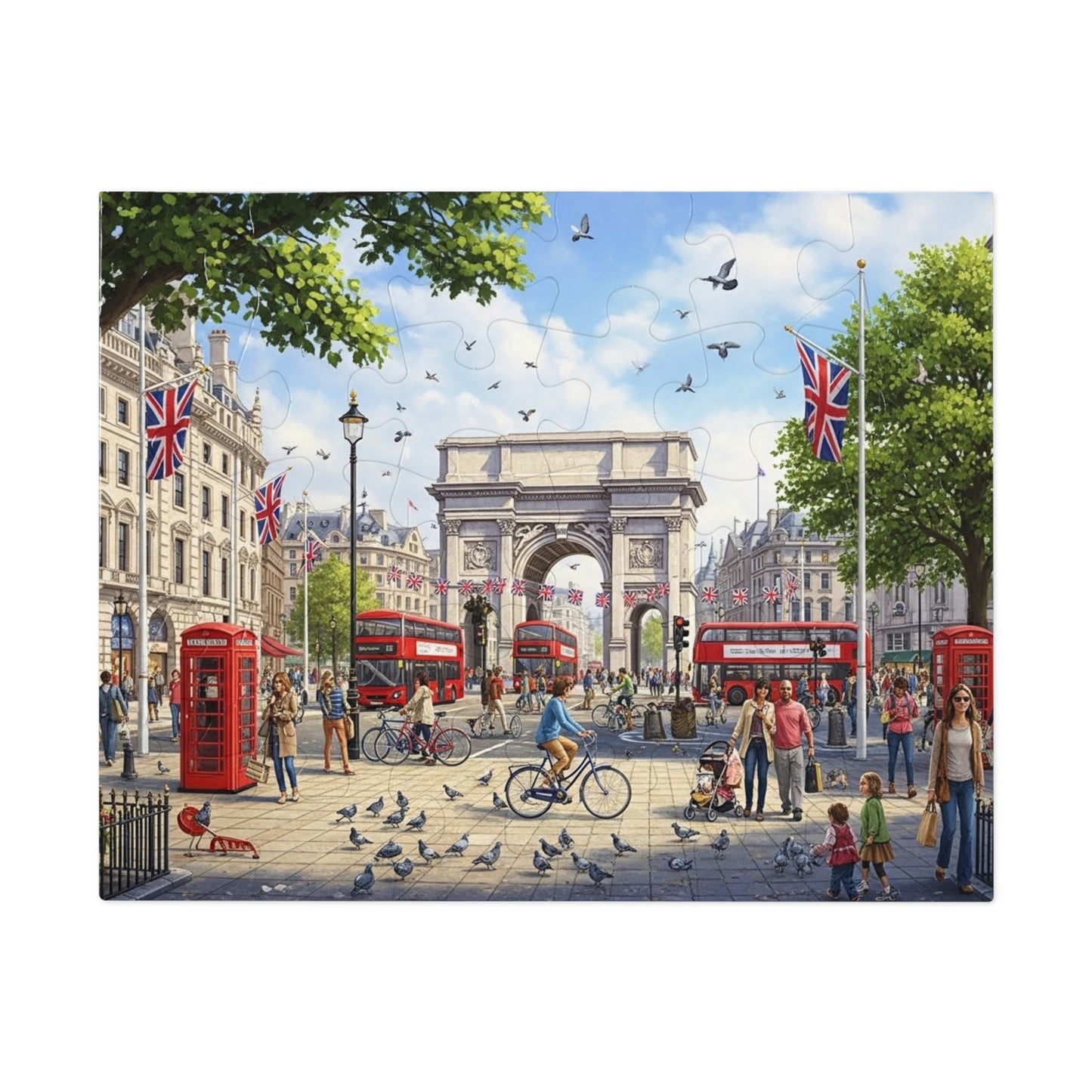 Historic London Arch Jigsaw Puzzle with Red Buses Cyclists and Crowds