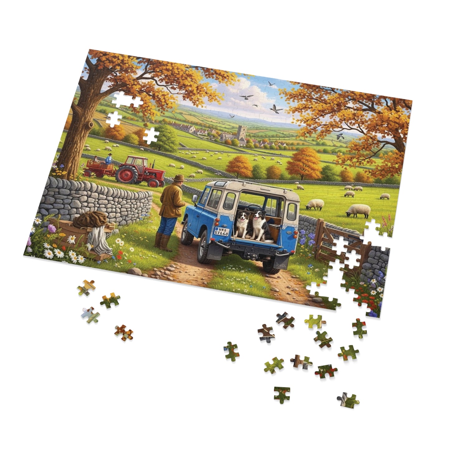 Autumn Countryside Farm Jigsaw Puzzle with Dogs, Tractor & Village