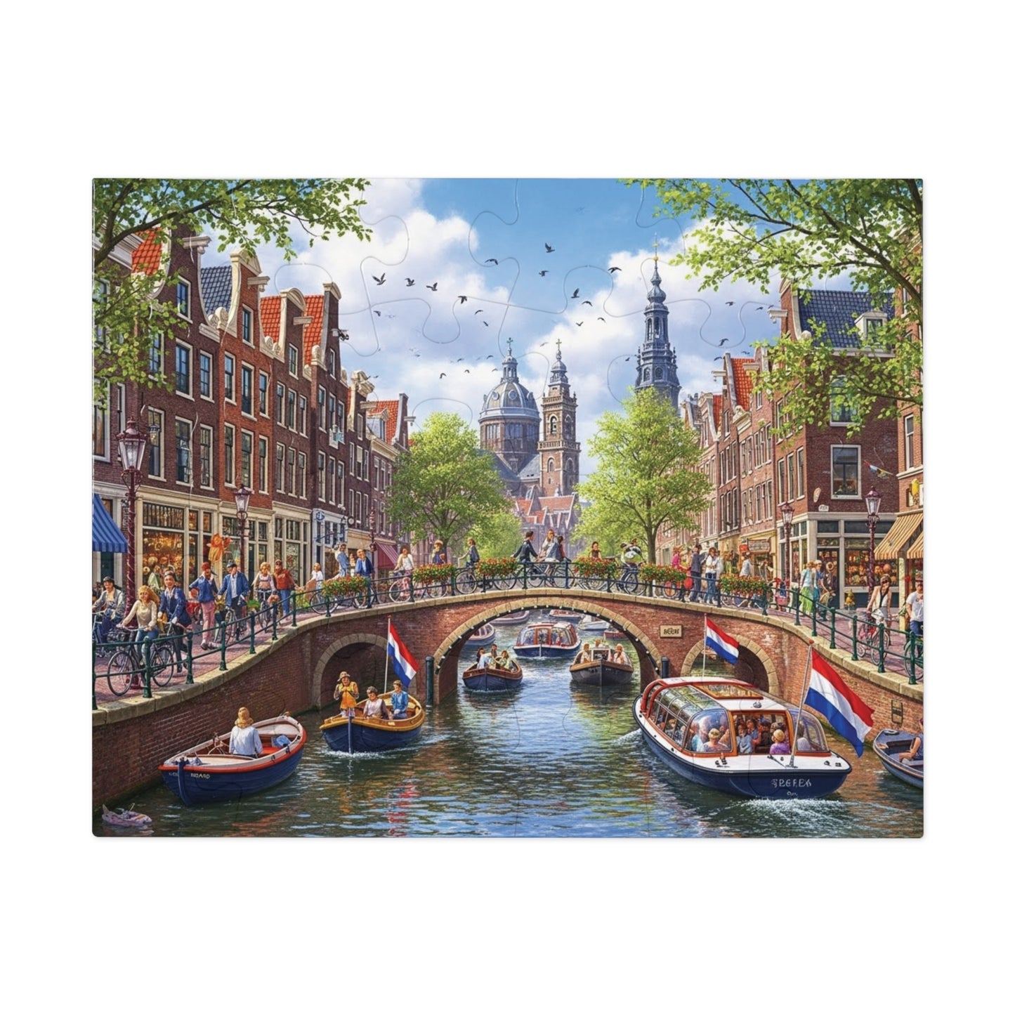 European Canal City Jigsaw Puzzle Scenic Bridge and Boat Scene