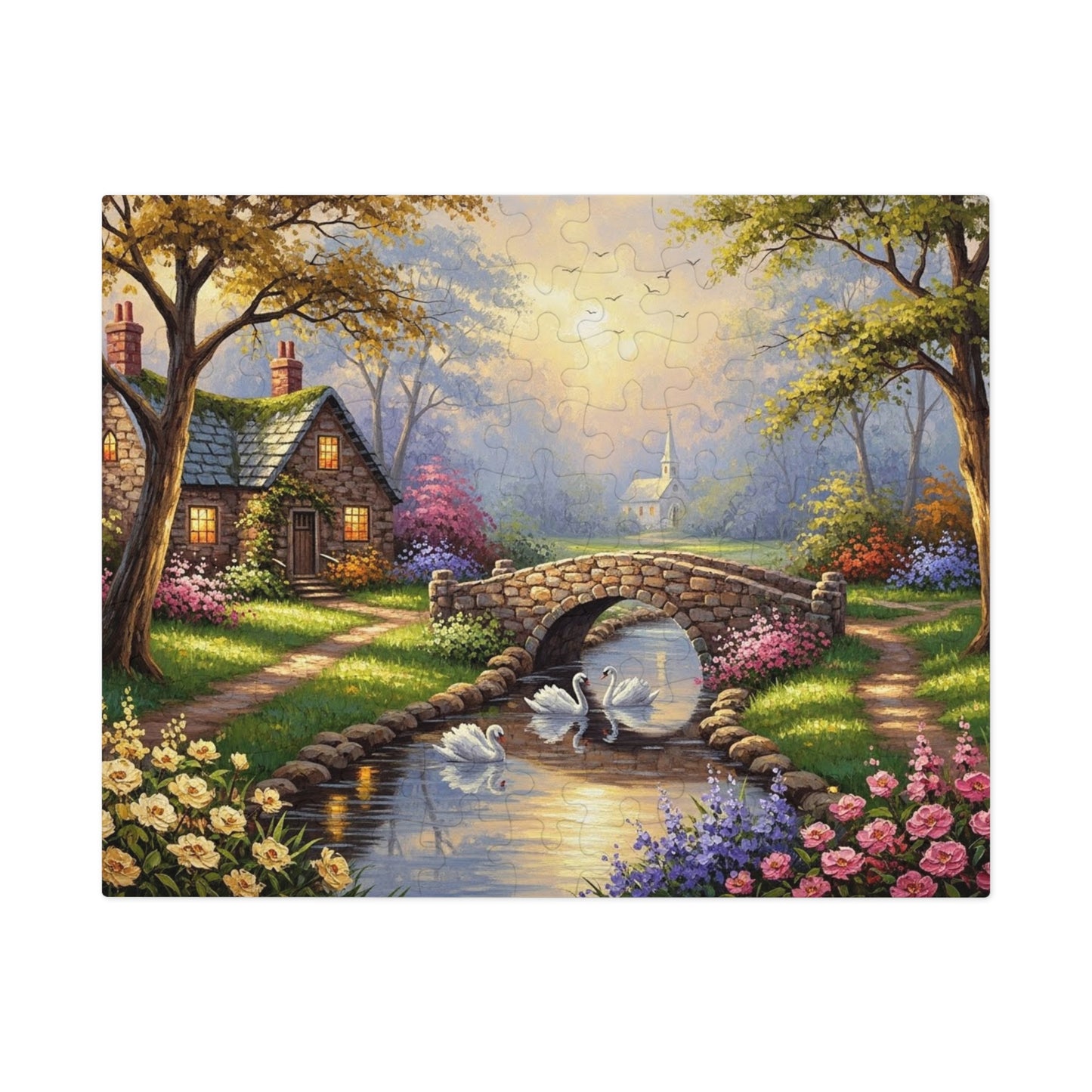 Spring Swan Bridge Cottage Puzzle | Flower Garden, Stone Bridge, Peaceful Countryside Scene