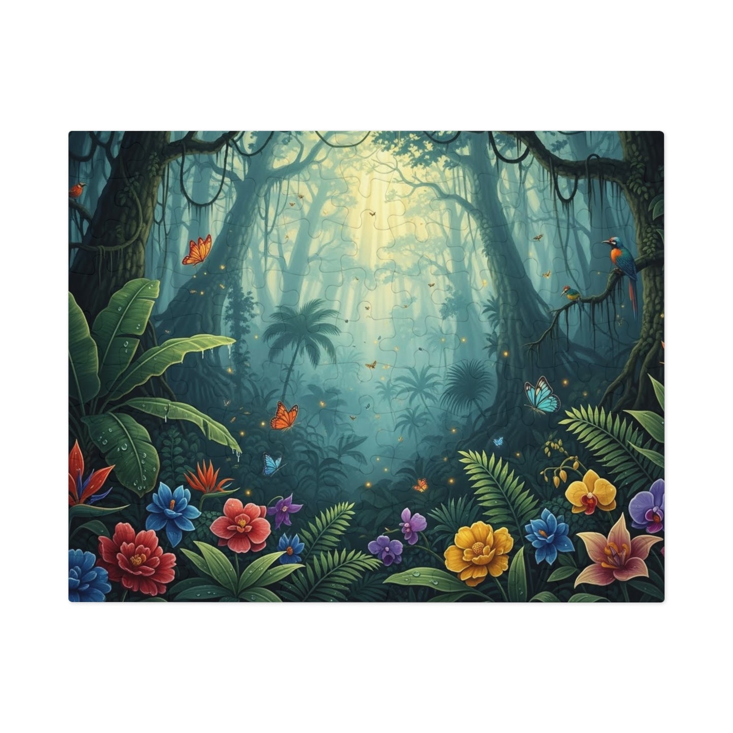Enchanted Tropical Forest Puzzle with Butterflies, Exotic Flowers and Golden Light