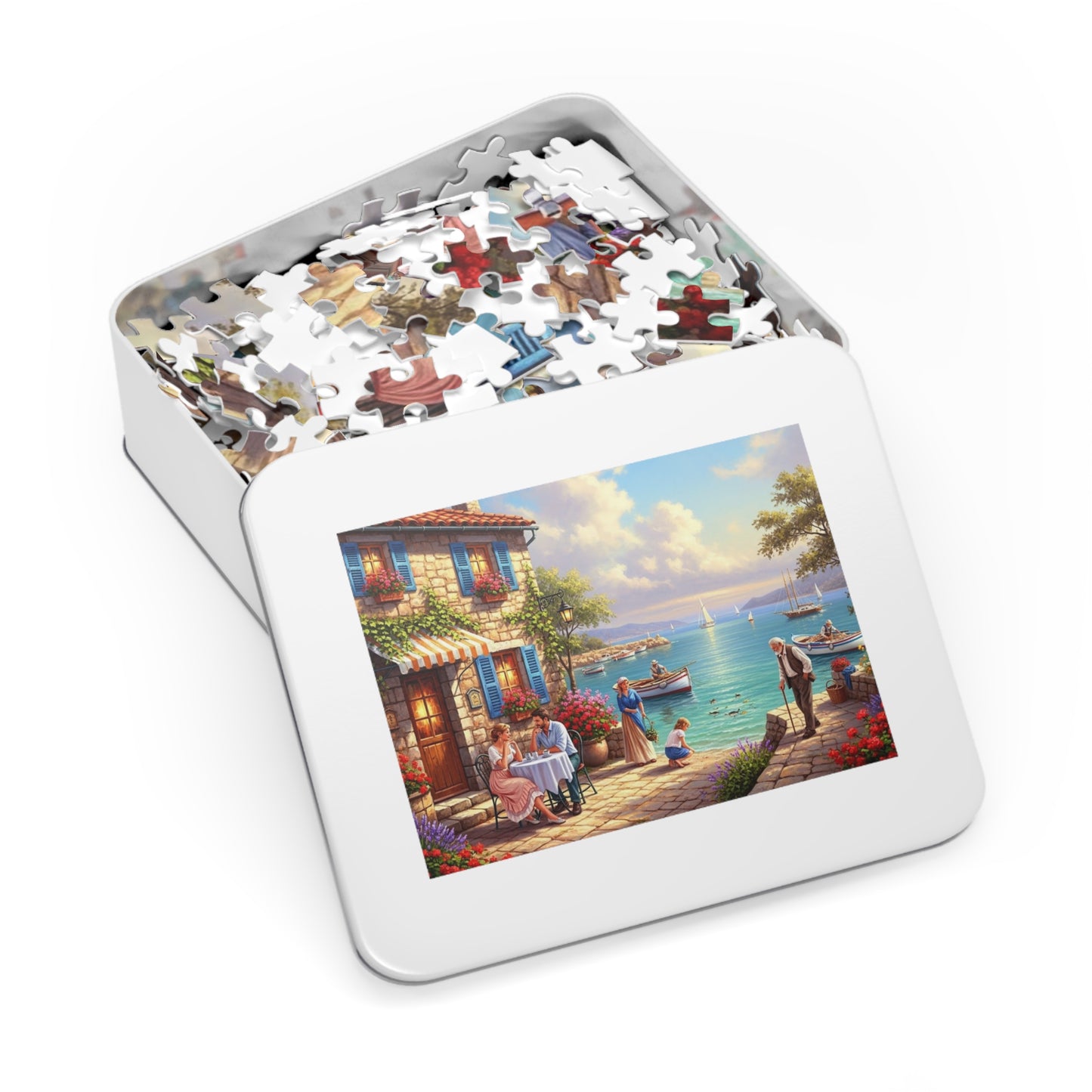 Mediterranean Seaside Café Puzzle | Charming Coastal Village, Sailboats, Flowers & Sunset Life