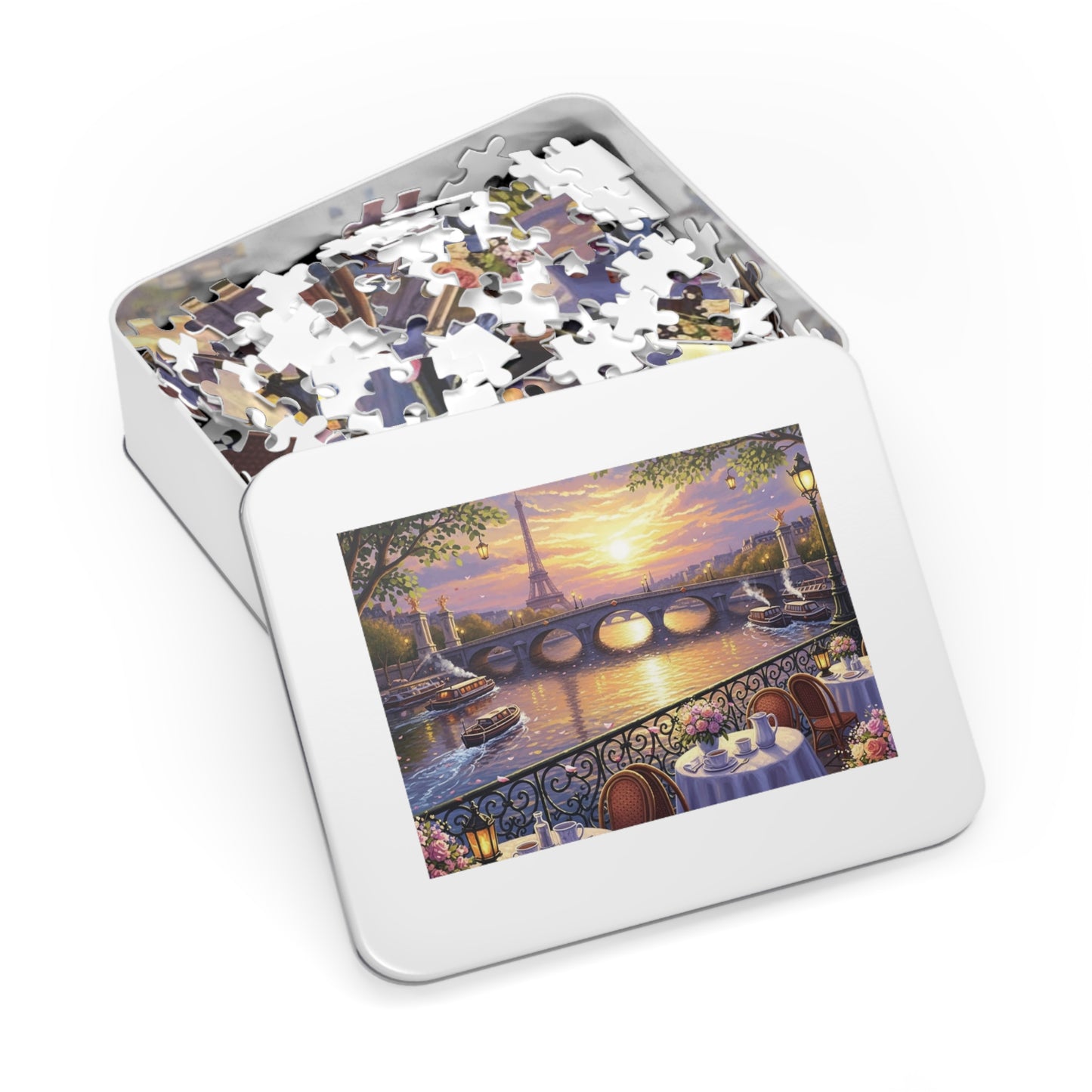 Eiffel Tower Sunset Over the Seine Puzzle | Paris Café Terrace Artwork