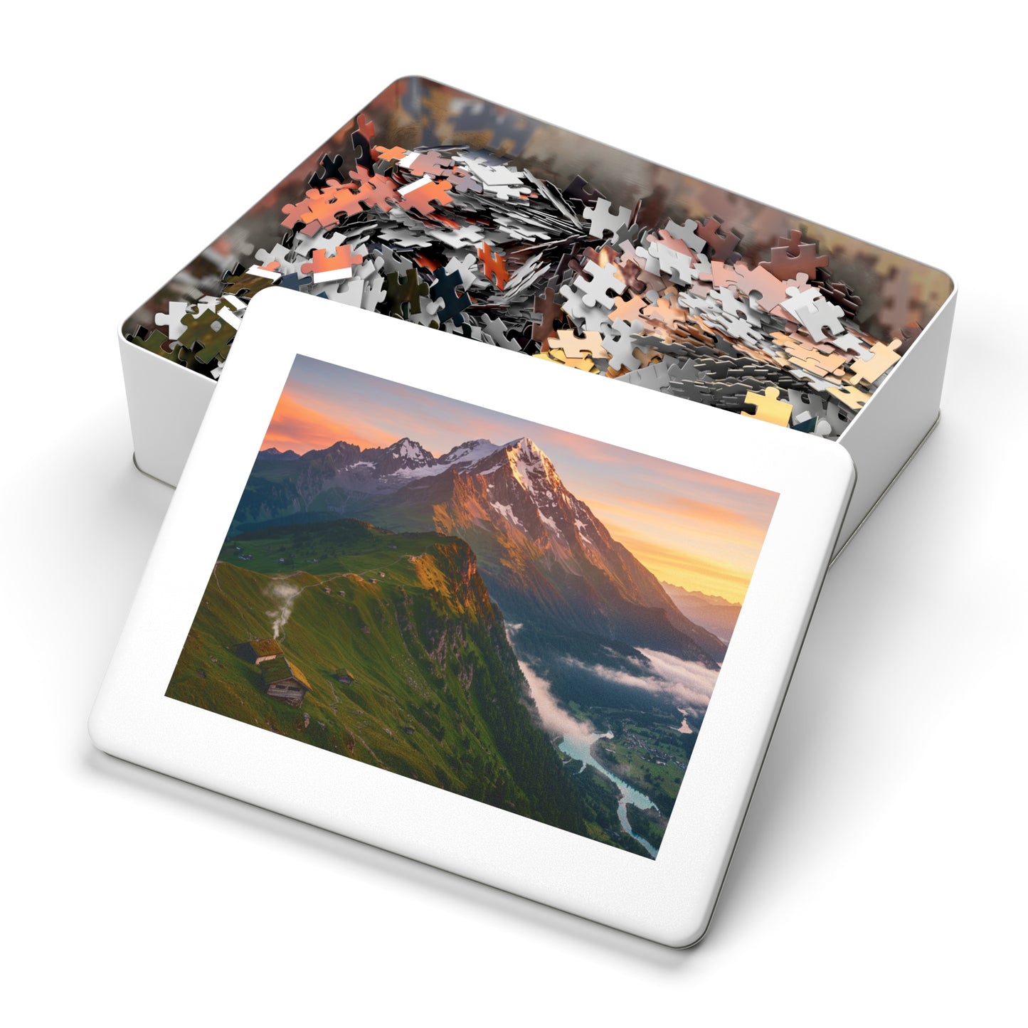 Sunrise Over Forested Hills Jigsaw Puzzle (252, 500, 1000, 2000 pcs) – Cabins, Snowy Ridge & Glowing Sky