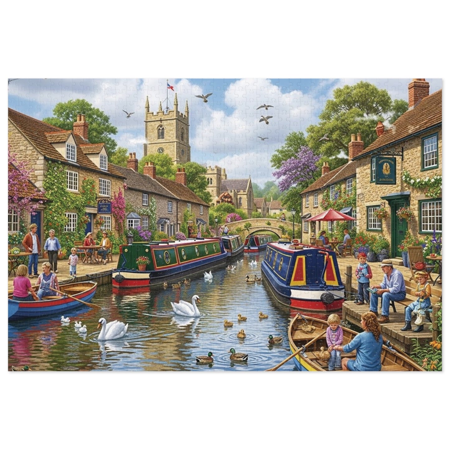 Canal Village Jigsaw Puzzle with Boats Swans and Cottages