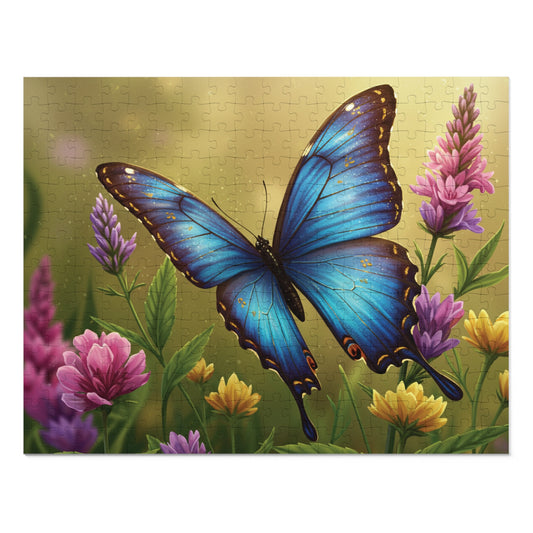 30, 110, 252, 500 | Blue Butterfly Among Spring Wildflowers | Vibrant Garden Scene | Nature Jigsaw Puzzle | Bloom & Wings Puzzle Art | Butterfly Blossom Jigsaw Puzzle with Tin