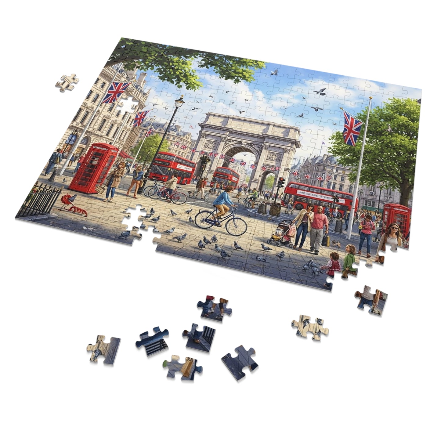 Historic London Arch Jigsaw Puzzle with Red Buses Cyclists and Crowds