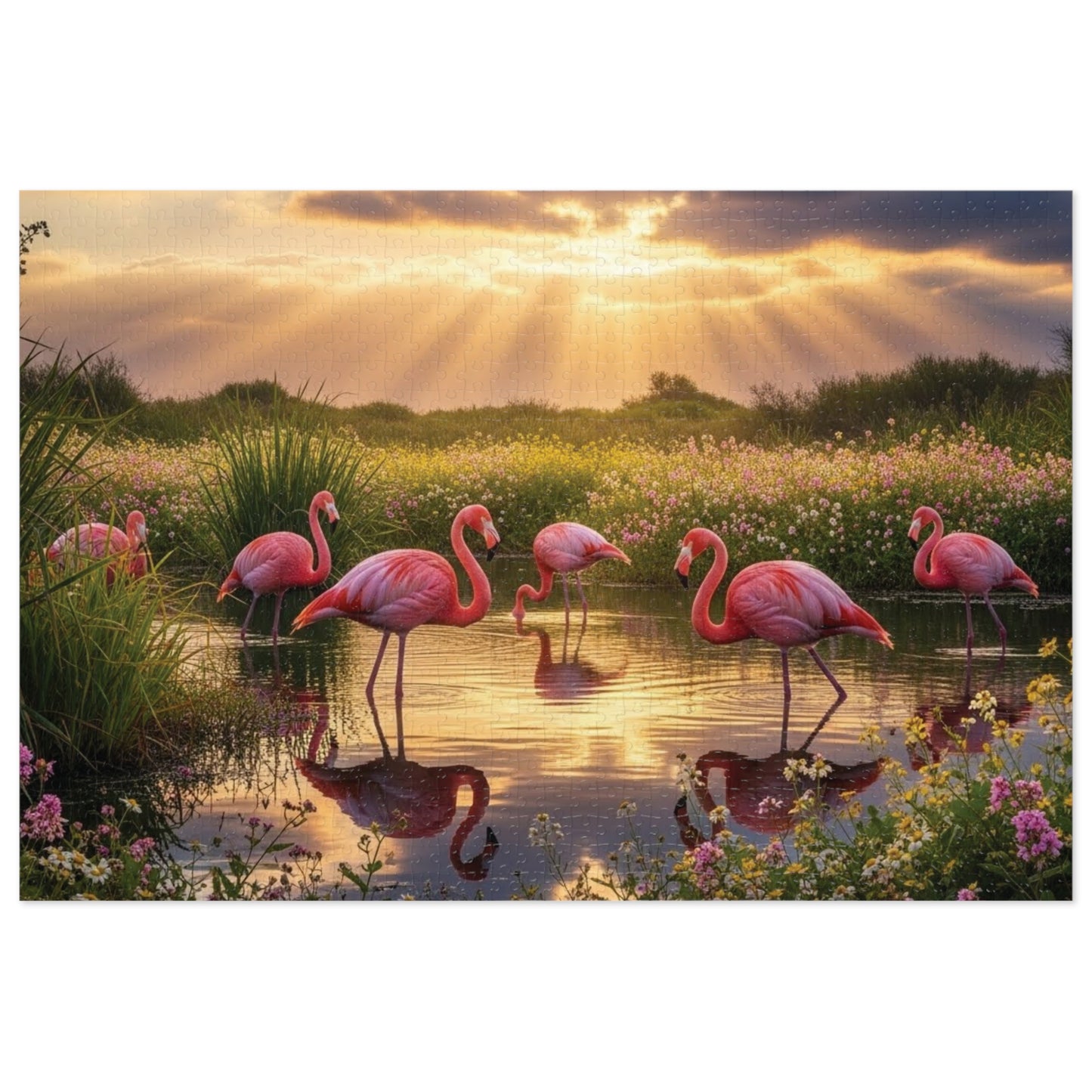 Flamingo Sunset Paradise Jigsaw Puzzle | Serene Nature Wildlife Scene at Golden Hour