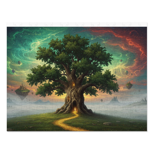 110, 252, 500, 1000, 2000 Magical Tree Jigsaw Puzzle, Mystical Tree with Glowing Doorway, Cosmic Sky and Enchanted Forest Scene, Mystical Gateway Puzzle