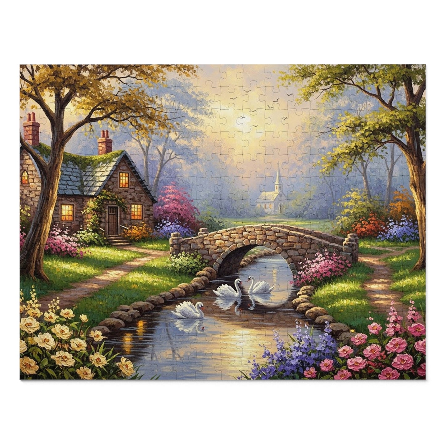 Spring Swan Bridge Cottage Puzzle | Flower Garden, Stone Bridge, Peaceful Countryside Scene