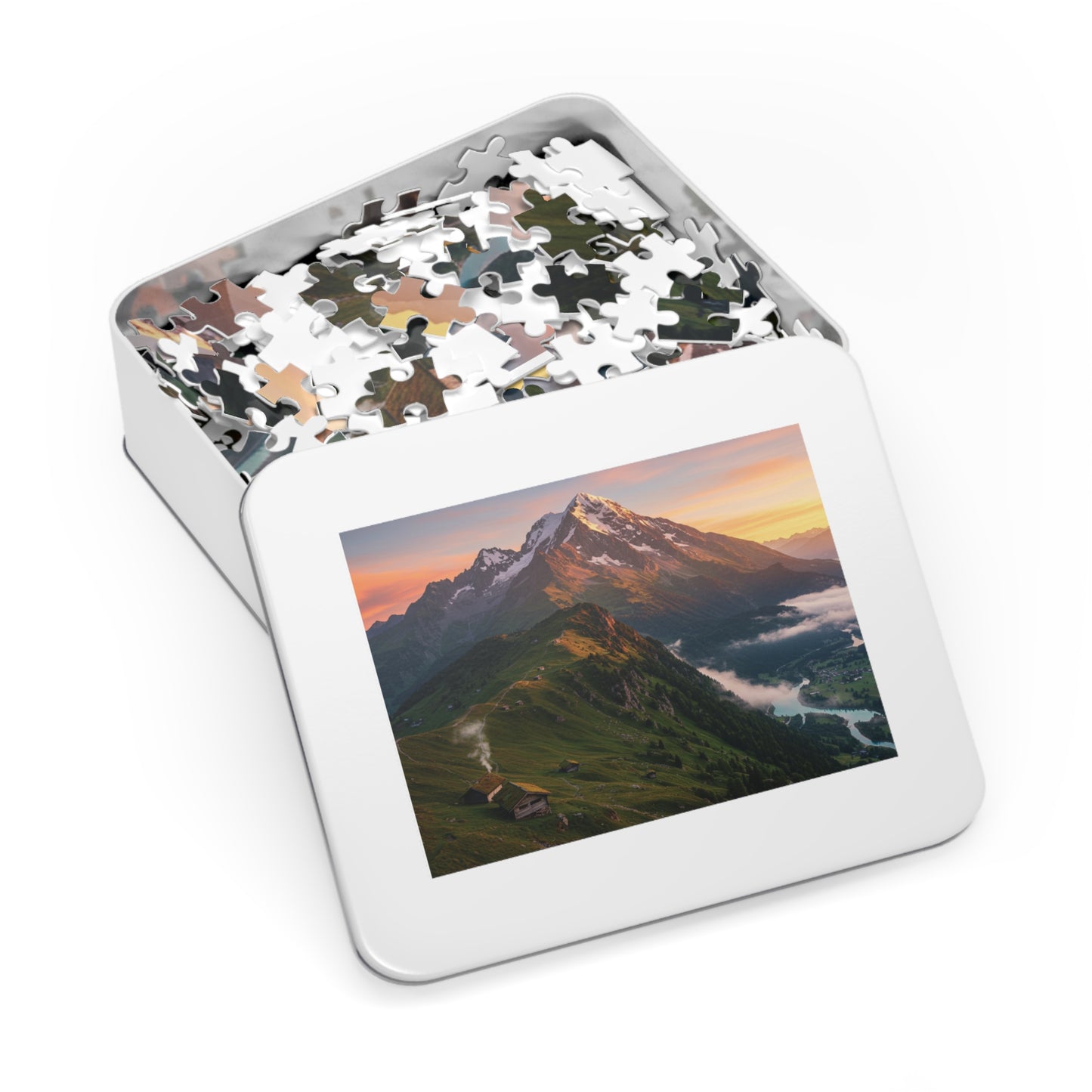 Sunrise Over Forested Hills Jigsaw Puzzle (252, 500, 1000, 2000 pcs) – Cabins, Snowy Ridge & Glowing Sky