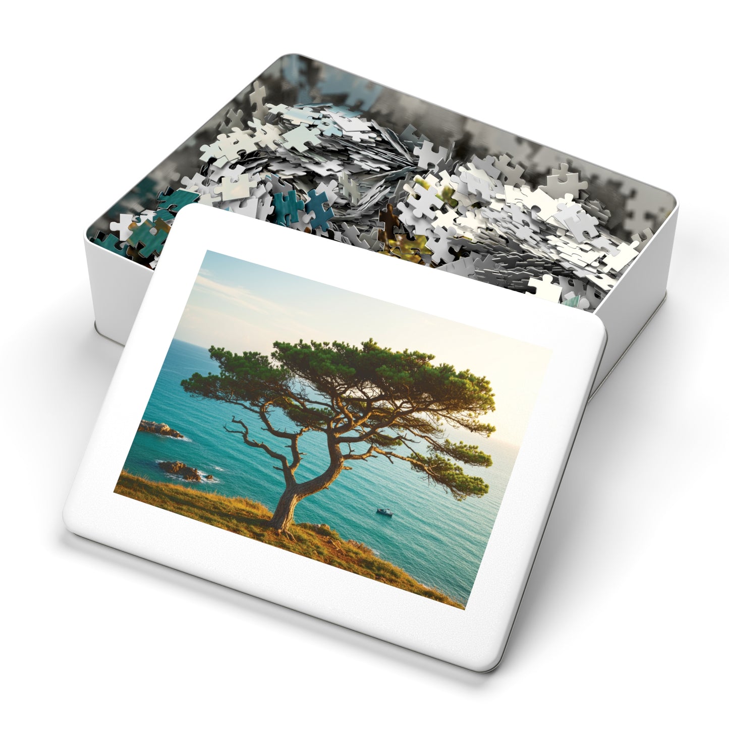 Coastal Tree & Ocean View Jigsaw Puzzle (110, 252, 500, 1000, 2000 pcs) – Serene Cliffside Scene in Gift Tin