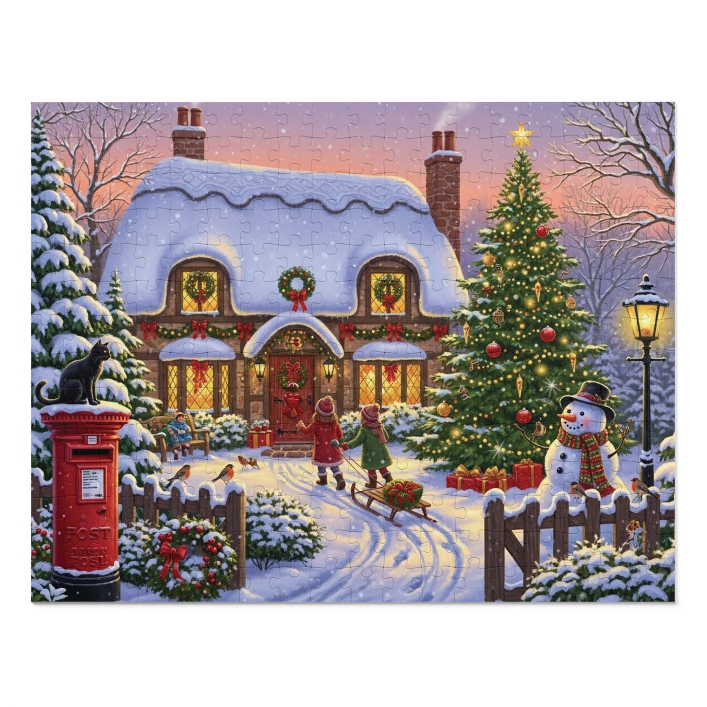 Christmas Cottage Jigsaw Puzzle with Tree Snowman and Sled