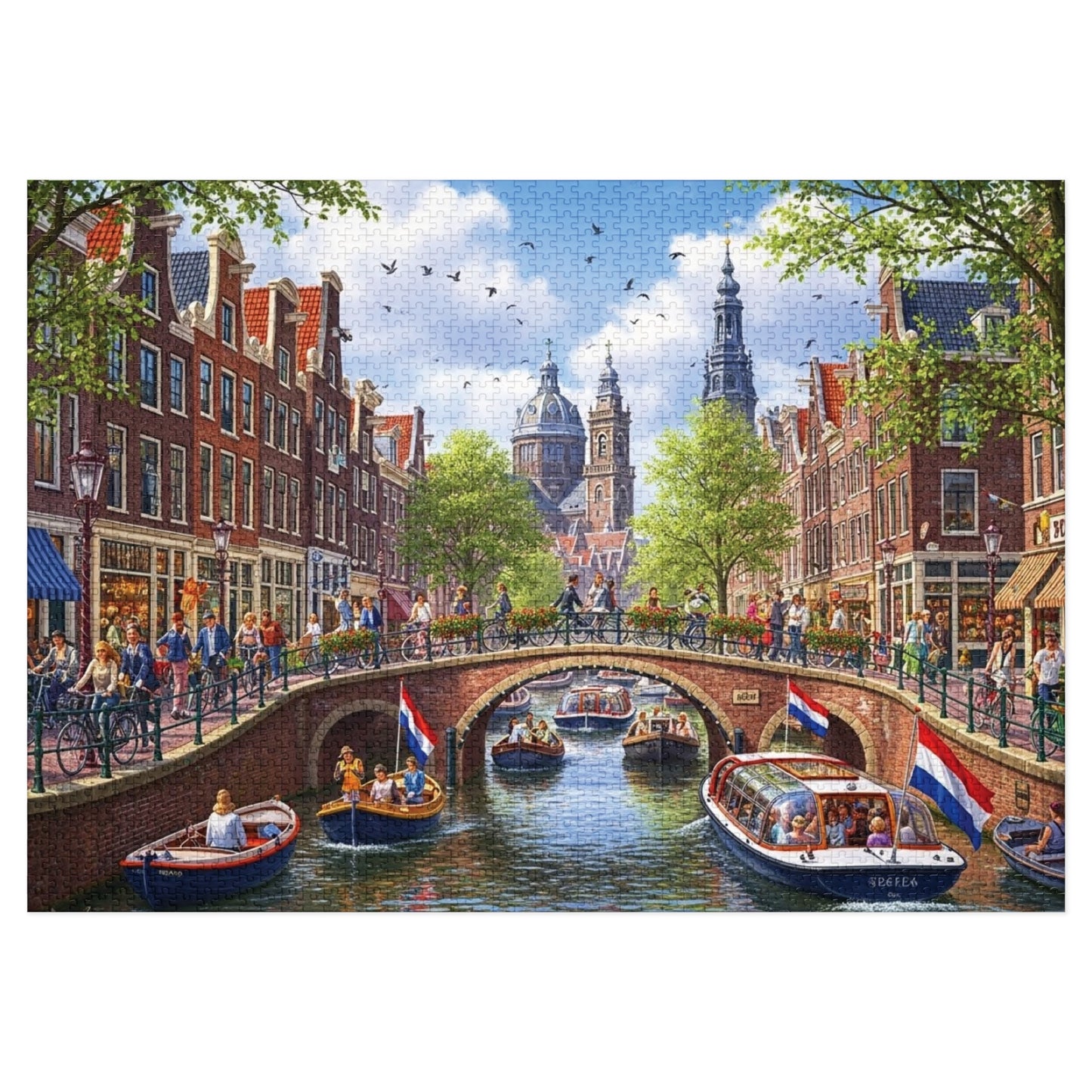 European Canal City Jigsaw Puzzle Scenic Bridge and Boat Scene