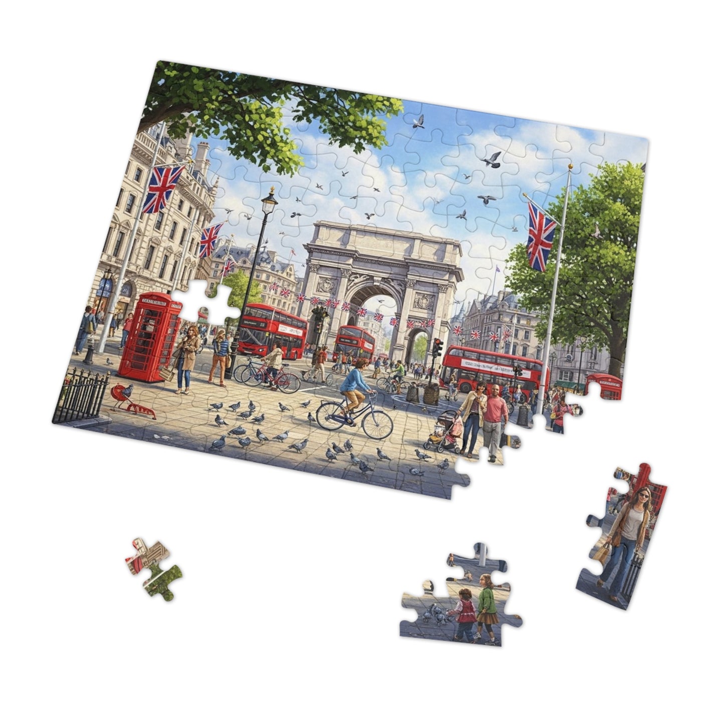Historic London Arch Jigsaw Puzzle with Red Buses Cyclists and Crowds