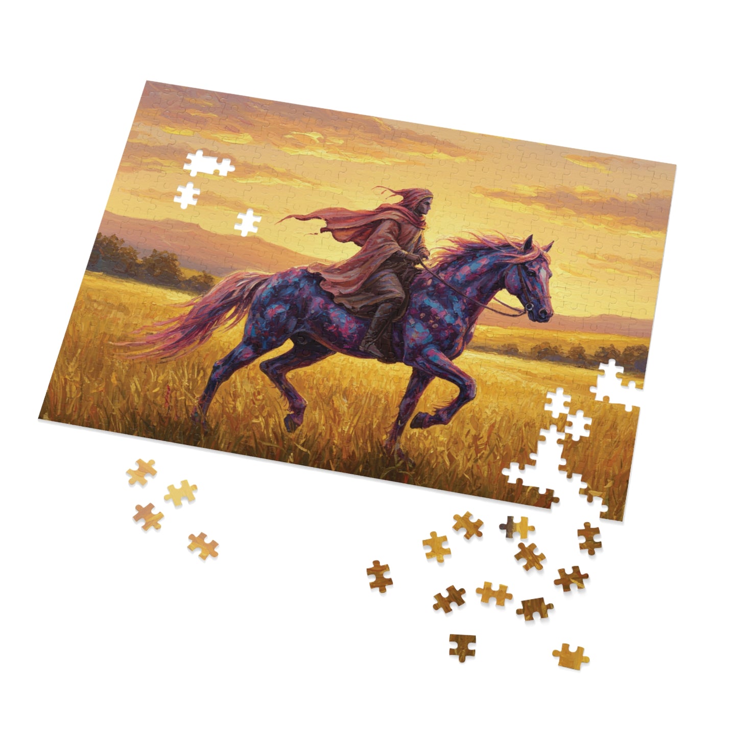 110, 252, 500, 1000, 2000 Jigsaw Puzzle, Mystical Rider Jigsaw Puzzle, Cloaked Rider on Colorful Horse, Epic Sunset Adventure, Premium Puzzle Gift,  Hero on Horse, Golden Field, Fantasy Theme, Vibrant Fantasy Sunset Art