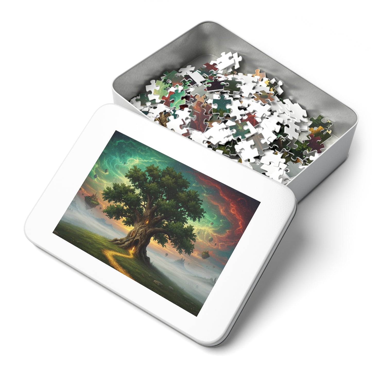 110, 252, 500, 1000, 2000 Magical Tree Jigsaw Puzzle, Mystical Tree with Glowing Doorway, Cosmic Sky and Enchanted Forest Scene, Mystical Gateway Puzzle