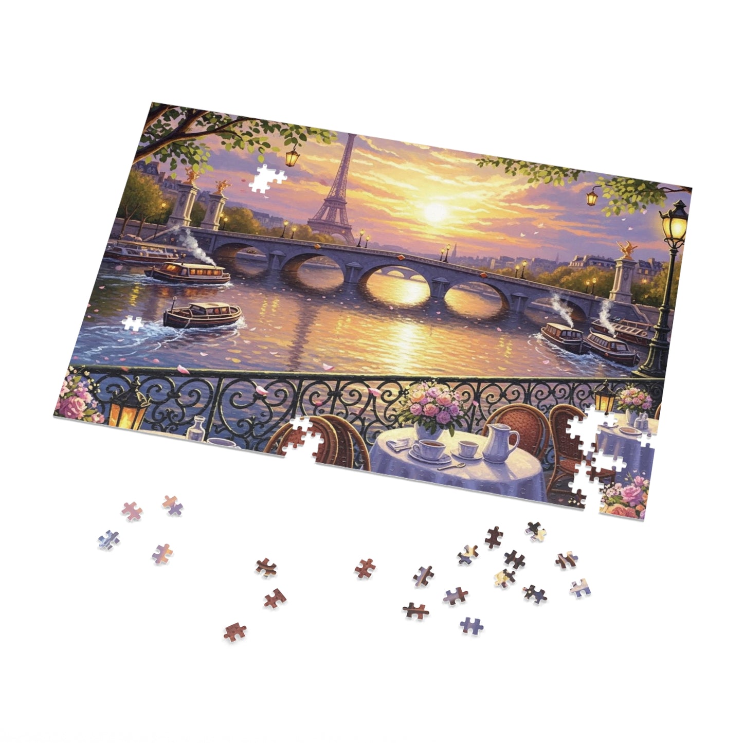 Eiffel Tower Sunset Over the Seine Puzzle | Paris Café Terrace Artwork