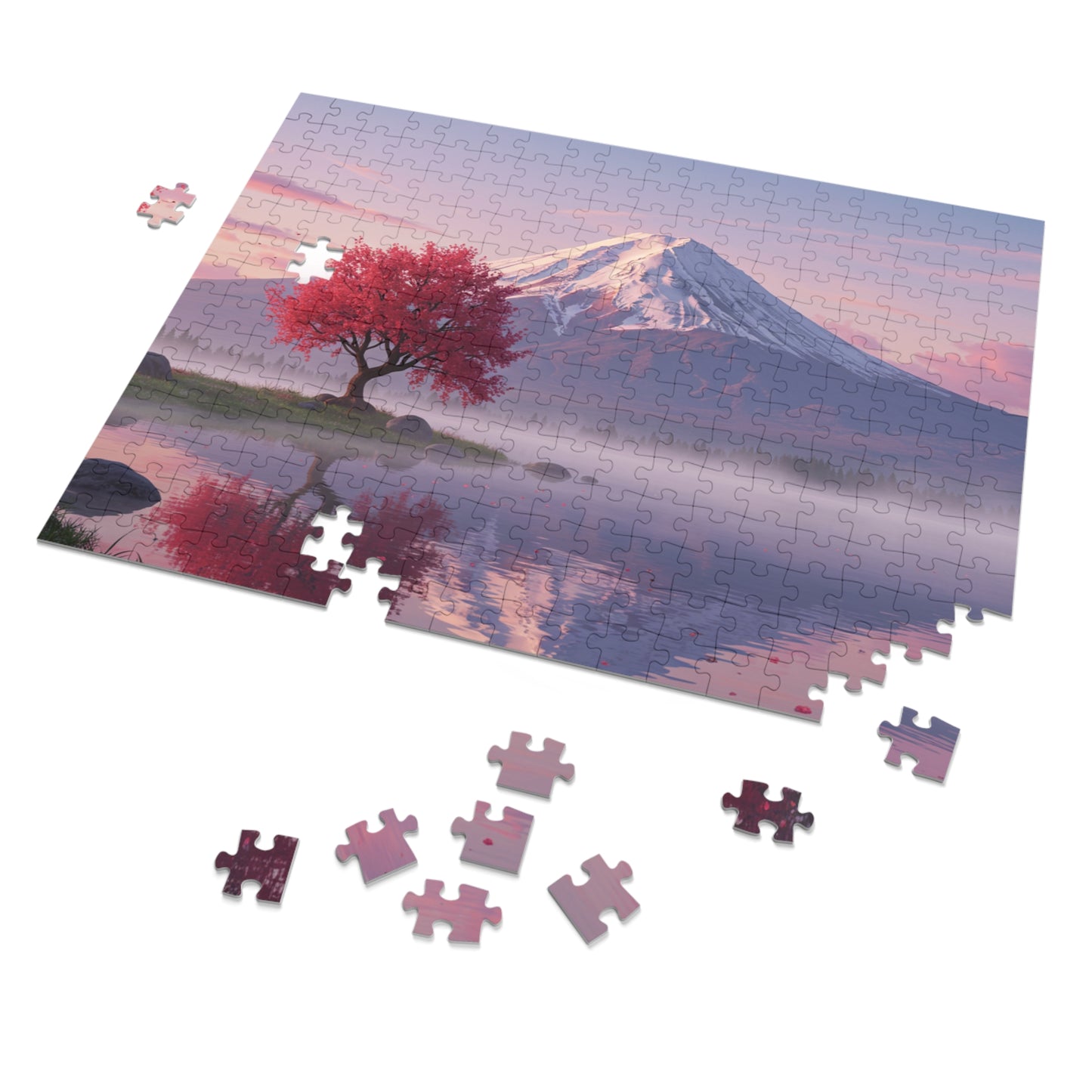 110, 252, 500, 1000, 2000 Cherry Blossom Tree by Mt. Fuji, Sakura Tree & Snowy Mountain Puzzle, Peaceful Pink Tree & Misty Lake Puzzle, Mount Fuji at Sunrise Puzzle, Calm Mountain Morning Puzzle