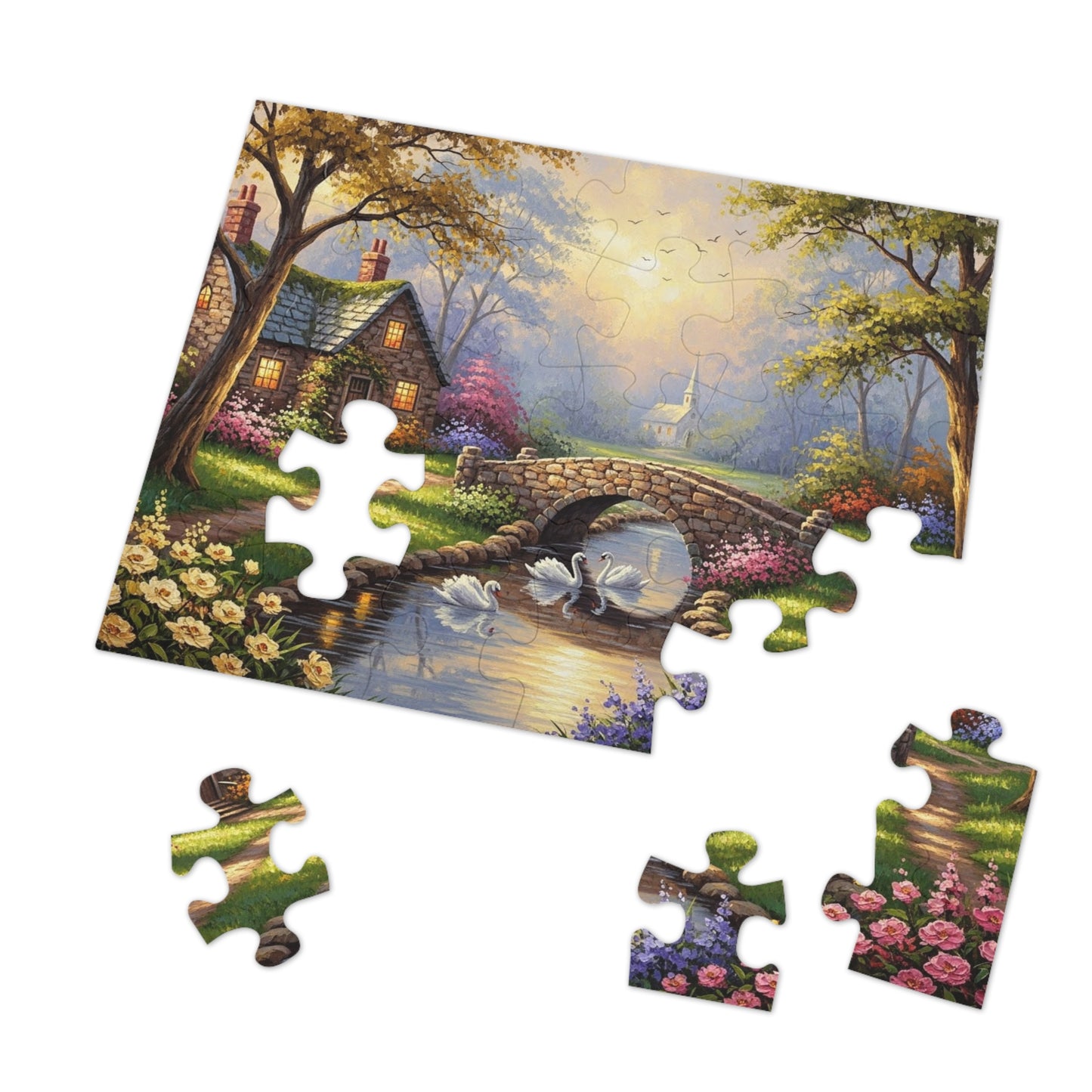 Spring Swan Bridge Cottage Puzzle | Flower Garden, Stone Bridge, Peaceful Countryside Scene