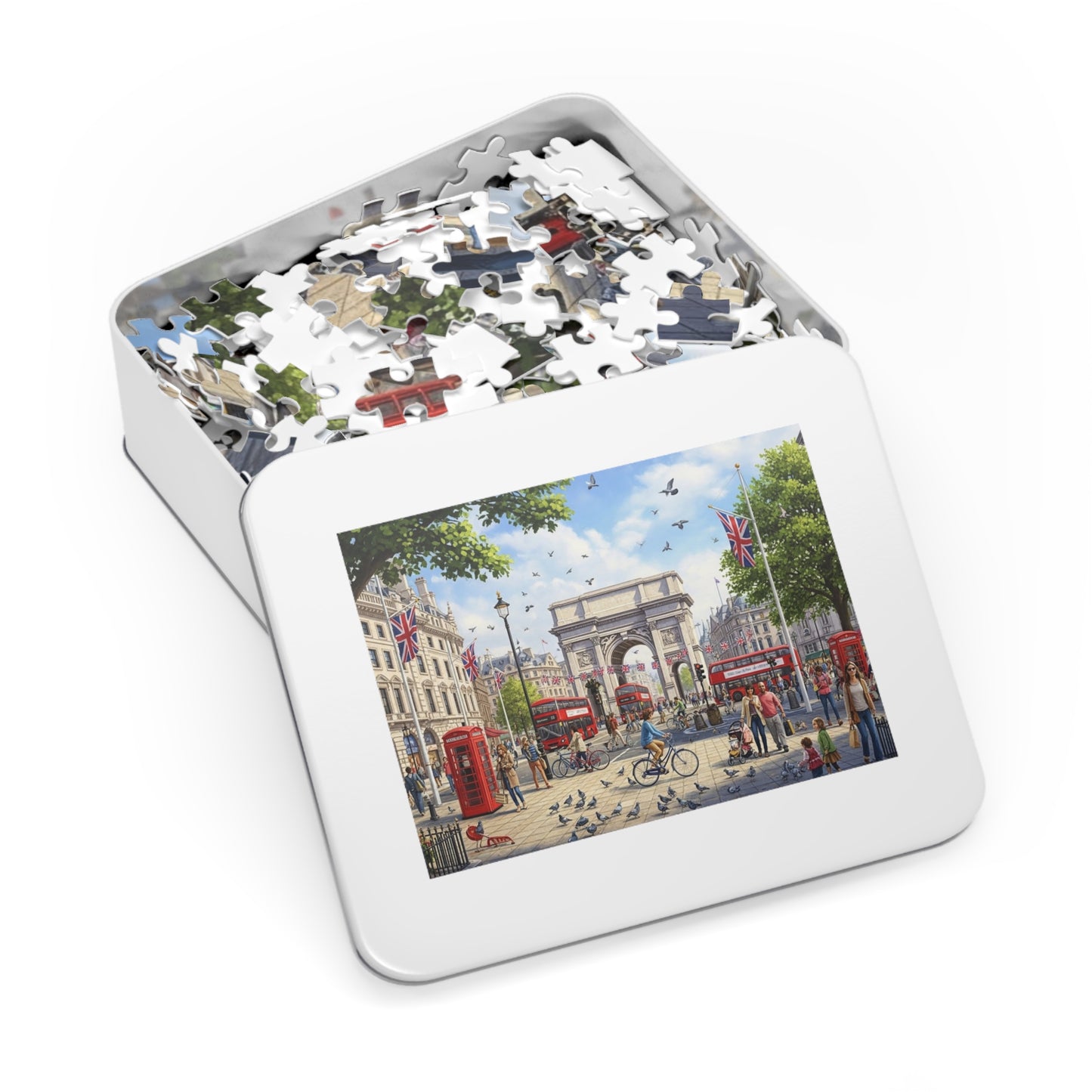 Historic London Arch Jigsaw Puzzle with Red Buses Cyclists and Crowds