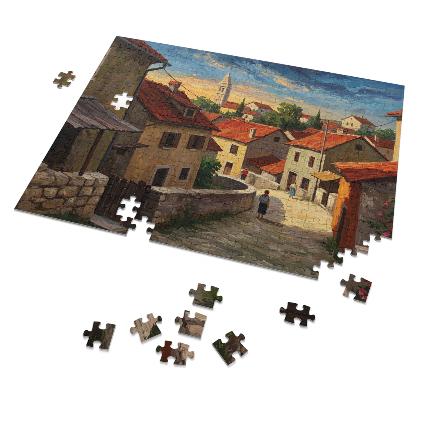 110, 252, 500, 1000, 2000 Mediterranean Village Jigsaw Puzzle Jigsaw Puzzle, Rustic European Village, Old World Architecture and Warm Colors