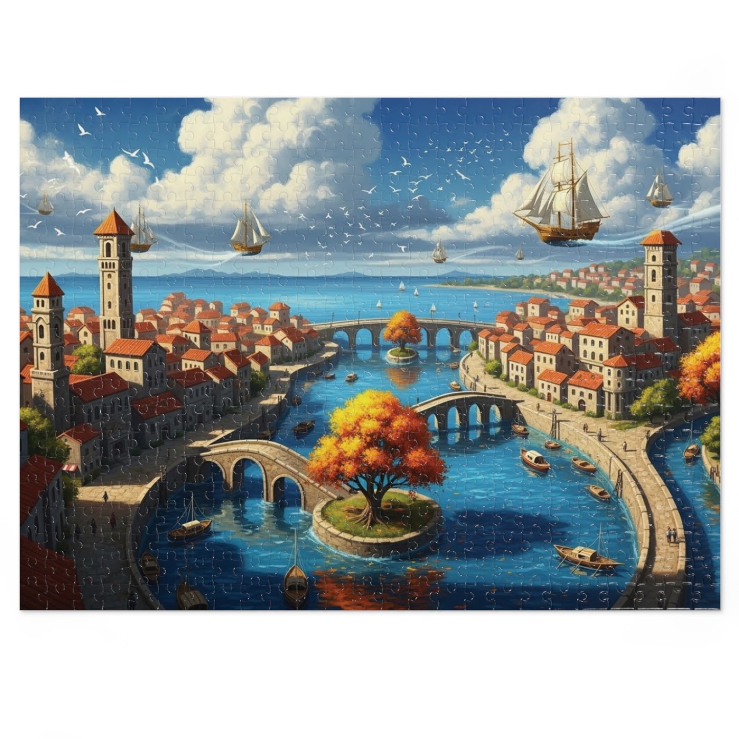 Floating Ships Over the Canal City, Coastal Town, Sailing Ships & Bridge Jigsaw Puzzle ✨
