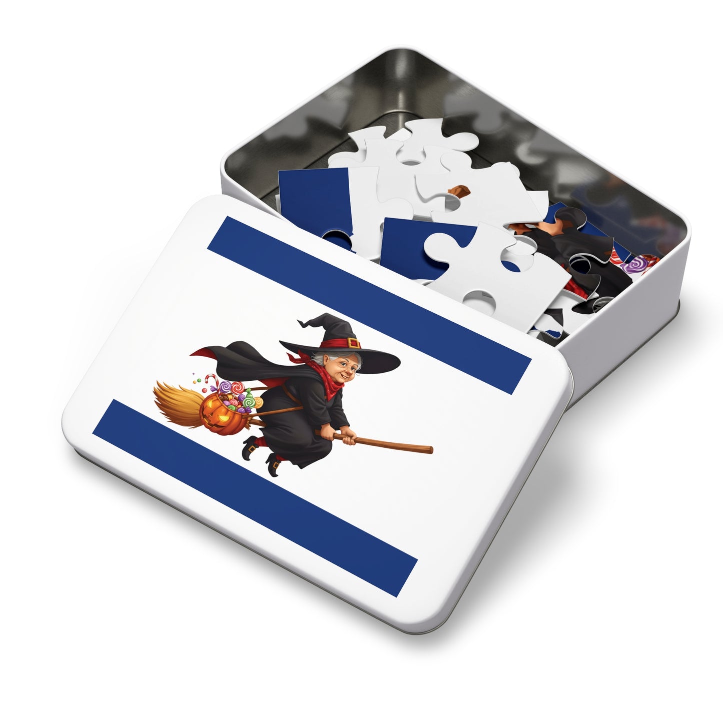 30, 110, 252, 500 Cartoon Witch on Broom Halloween Jigsaw Puzzle – Trick or Treat Theme, Halloween Witch Puzzle, Halloween Candy Pumpkin Art, Broomstick Ride & Sweets