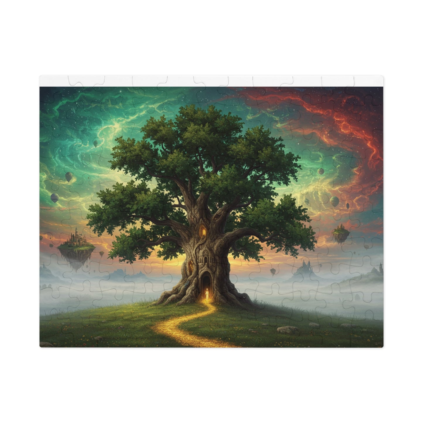 110, 252, 500, 1000, 2000 Magical Tree Jigsaw Puzzle, Mystical Tree with Glowing Doorway, Cosmic Sky and Enchanted Forest Scene, Mystical Gateway Puzzle