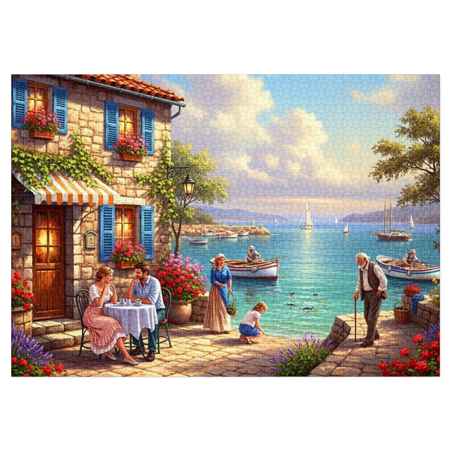 Mediterranean Seaside Café Puzzle | Charming Coastal Village, Sailboats, Flowers & Sunset Life