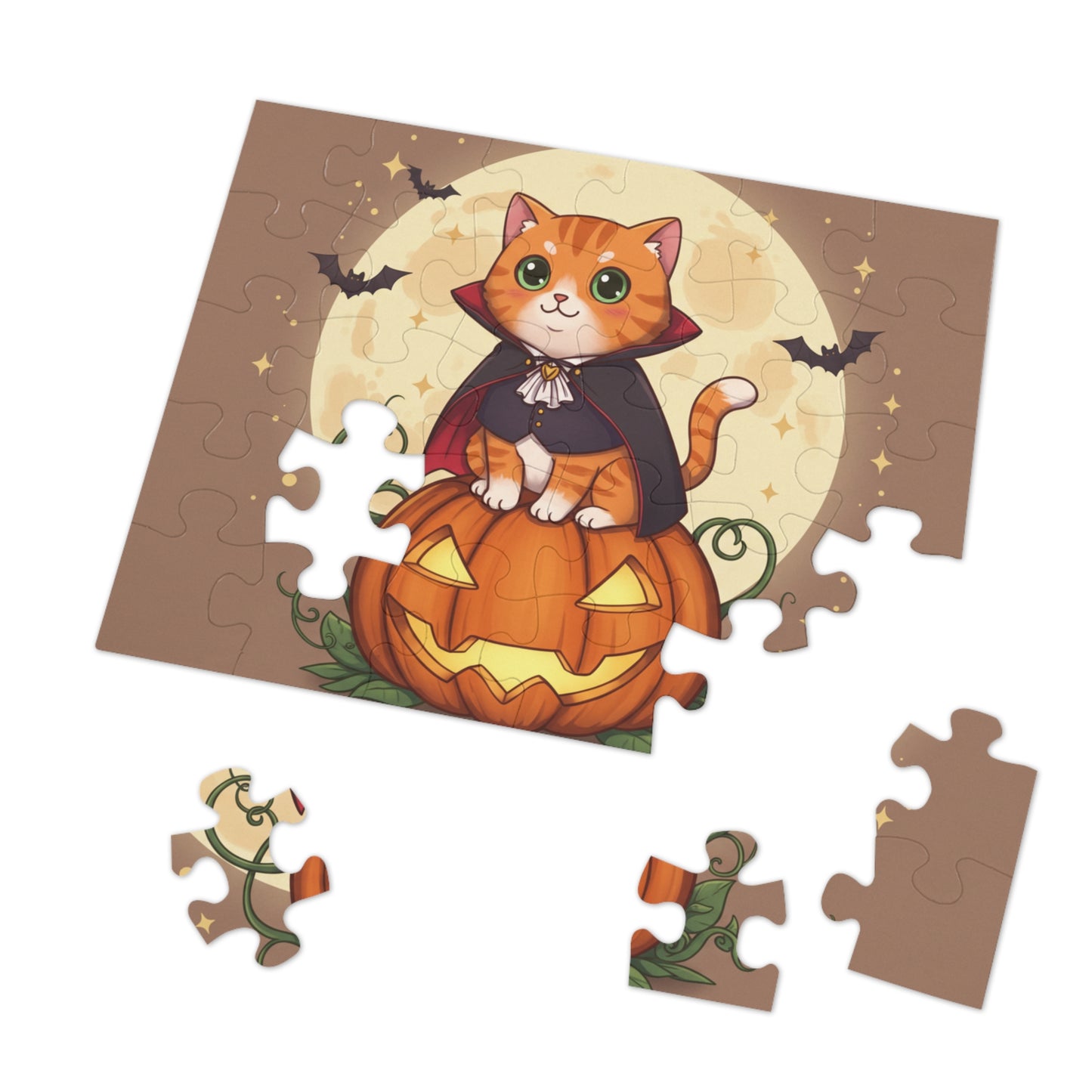 30, 110, 252 pcs Halloween Cat Jigsaw Puzzle, Cute Halloween Puzzle, Cartoon Kitten in Cape on Glowing Pumpkin, Halloween Night Scene with Bats and Moon