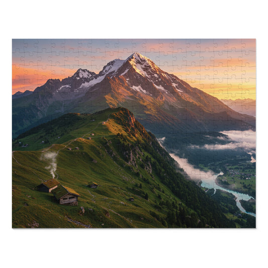 Sunrise Over Forested Hills Jigsaw Puzzle (252, 500, 1000, 2000 pcs) – Cabins, Snowy Ridge & Glowing Sky