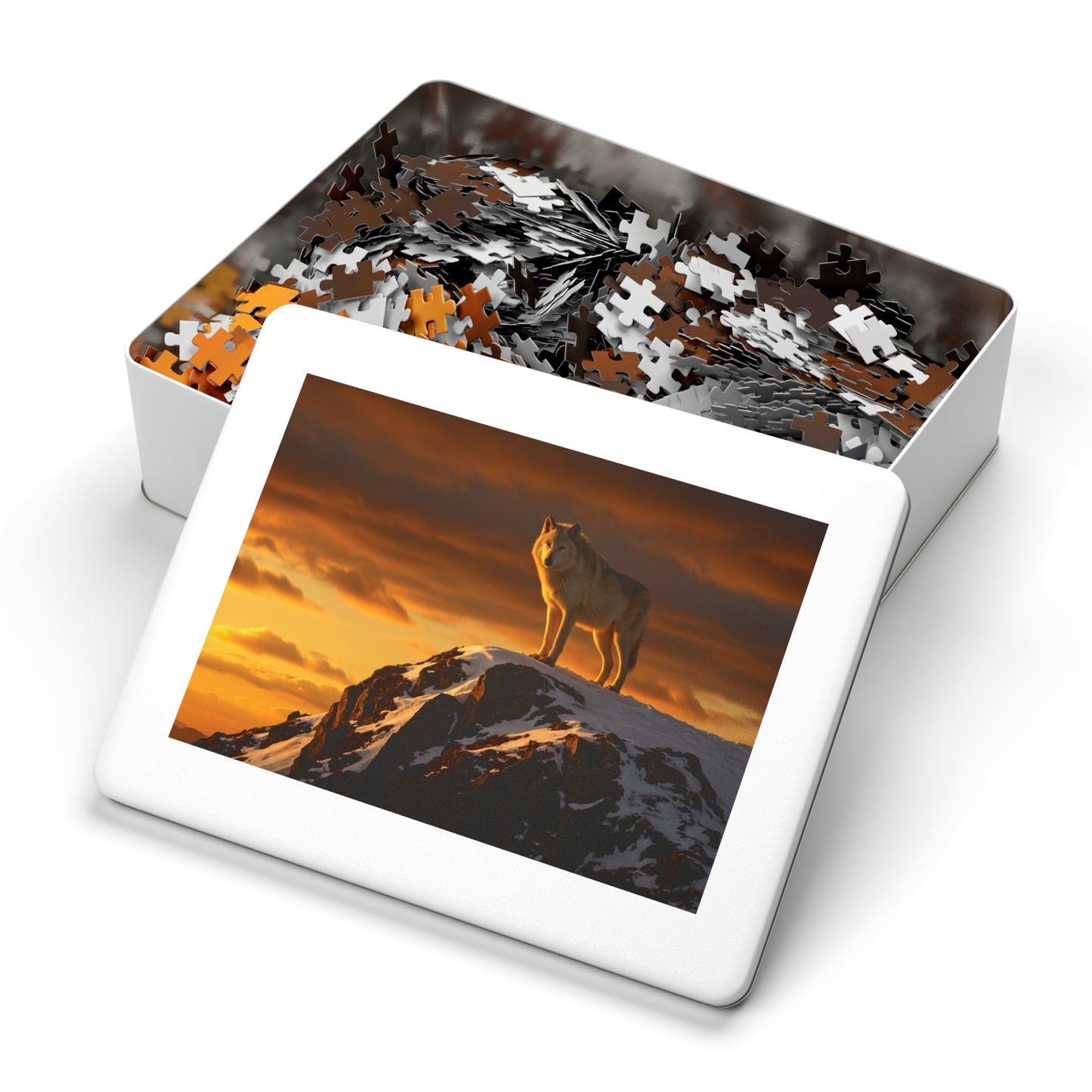 110, 252, 500, 1000, 5000 Wolf Mountain Jigsaw Puzzle with Tin, Lone Wolf at Sunset, Wild Wolf on Snowy Peak, Sunset Wolf Puzzle, Arctic Wolf on Rocky Summit, Wolf in the Wilderness
