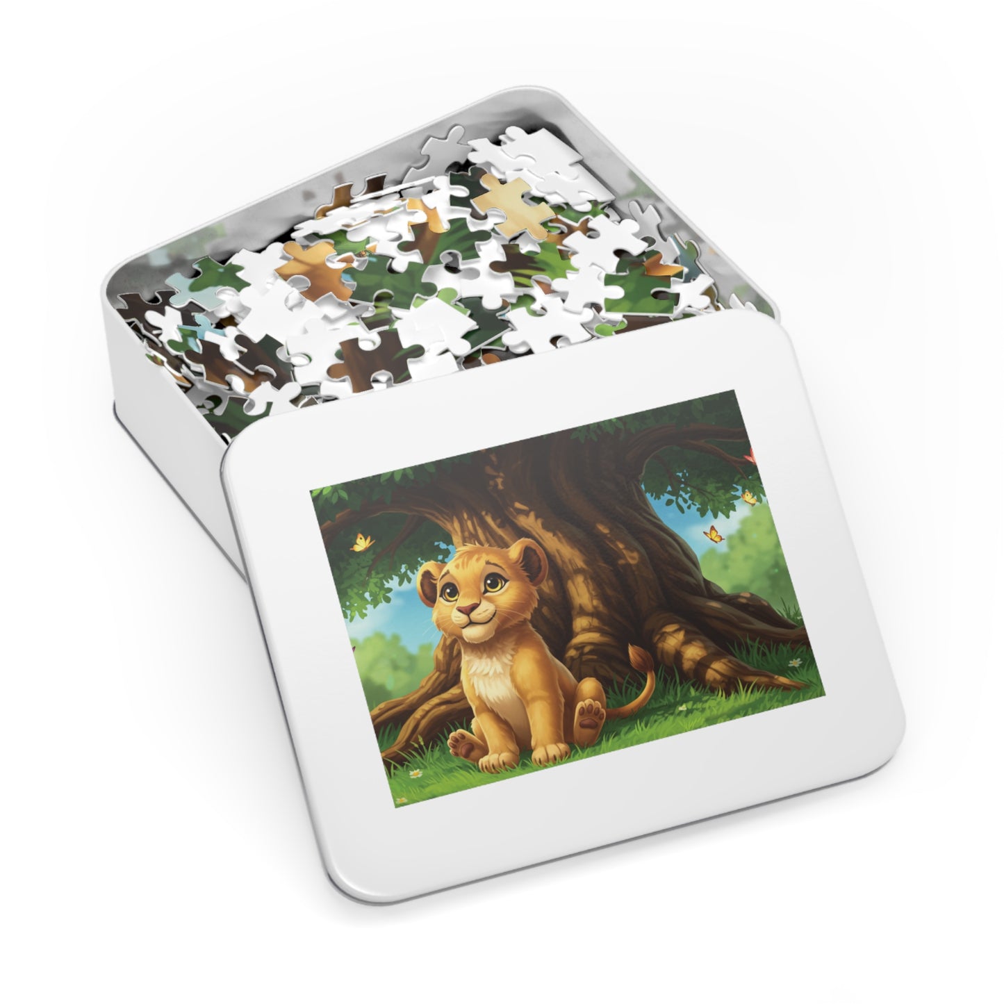 30, 110, 252, 500 Adorable Lion Cub Jigsaw Puzzle with Tin, Little Lion Under the Tree – Nature Puzzle for Children & Animal Lovers, Whimsical Wildlife for Kids & Families