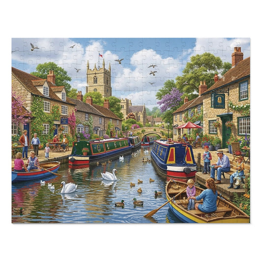 Canal Village Jigsaw Puzzle with Boats Swans and Cottages