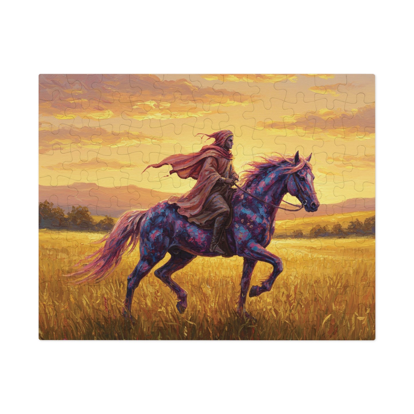 110, 252, 500, 1000, 2000 Jigsaw Puzzle, Mystical Rider Jigsaw Puzzle, Cloaked Rider on Colorful Horse, Epic Sunset Adventure, Premium Puzzle Gift,  Hero on Horse, Golden Field, Fantasy Theme, Vibrant Fantasy Sunset Art