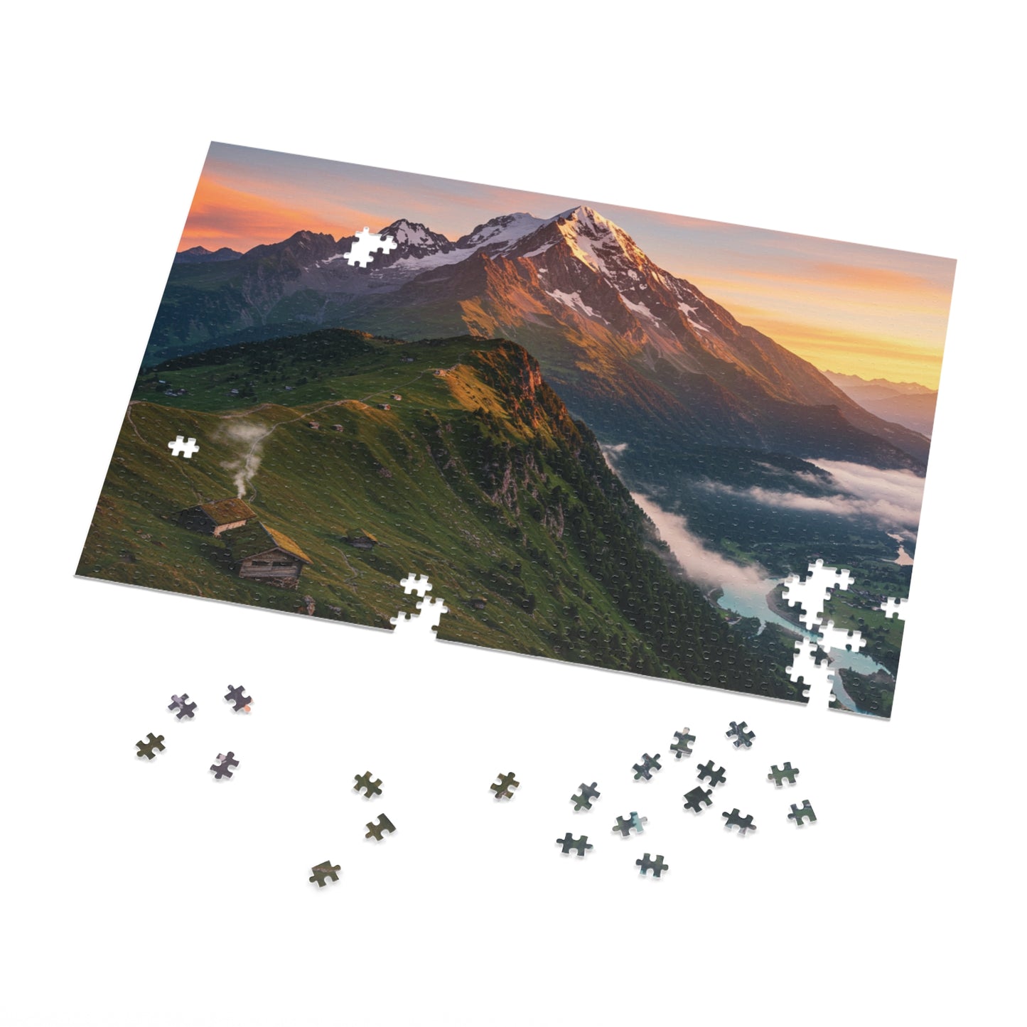 Sunrise Over Forested Hills Jigsaw Puzzle (252, 500, 1000, 2000 pcs) – Cabins, Snowy Ridge & Glowing Sky
