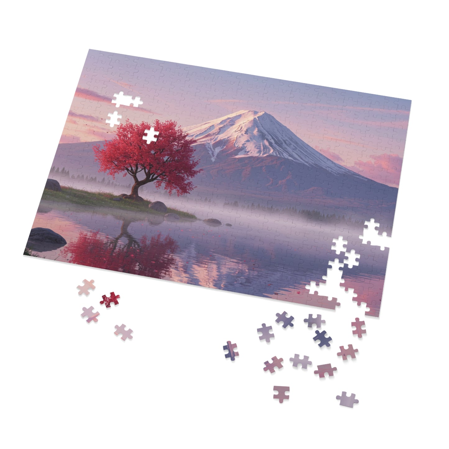 110, 252, 500, 1000, 2000 Cherry Blossom Tree by Mt. Fuji, Sakura Tree & Snowy Mountain Puzzle, Peaceful Pink Tree & Misty Lake Puzzle, Mount Fuji at Sunrise Puzzle, Calm Mountain Morning Puzzle