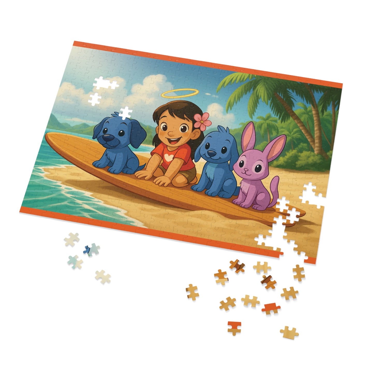 30, 110, 252, 500 Tropical Island Friends Puzzle, Wholesome Surfboard Companions Jigsaw, Adorable Island Adventure Puzzle, Bright Ocean Friends Puzzle