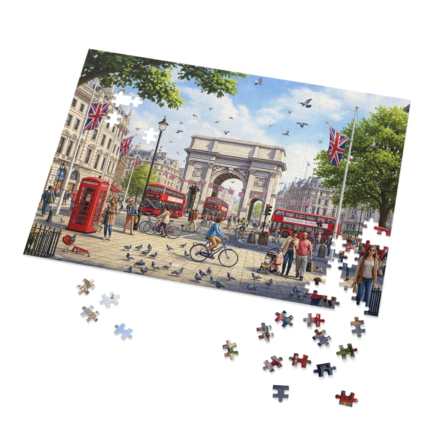 Historic London Arch Jigsaw Puzzle with Red Buses Cyclists and Crowds