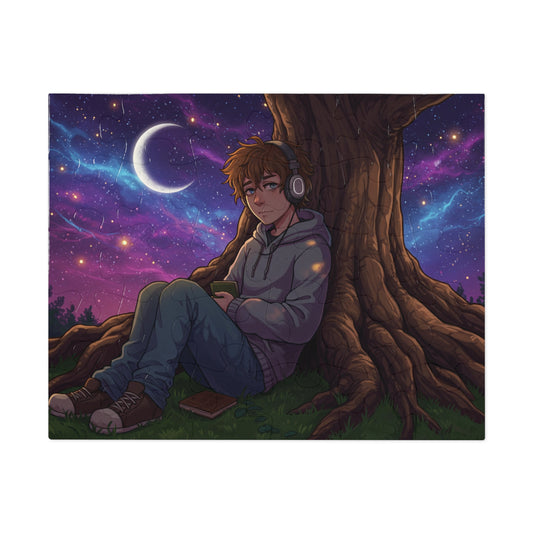 30, 110 pics Anime Night Sky Jigsaw Puzzle – Cozy Hoodie Character Under Crescent Moon with Galaxy Background